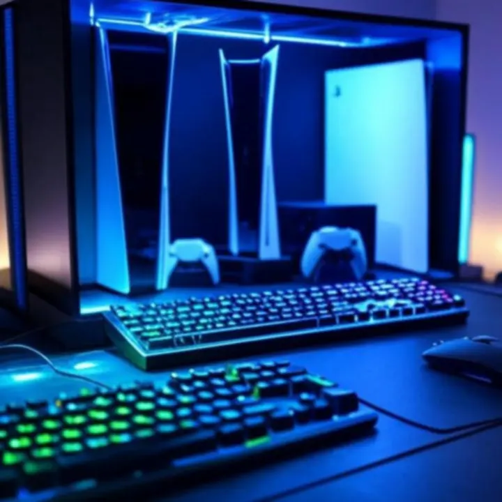 Nowoczesne konsole, kontrolery i akcesoria gamingowe w neonowej aranżacji