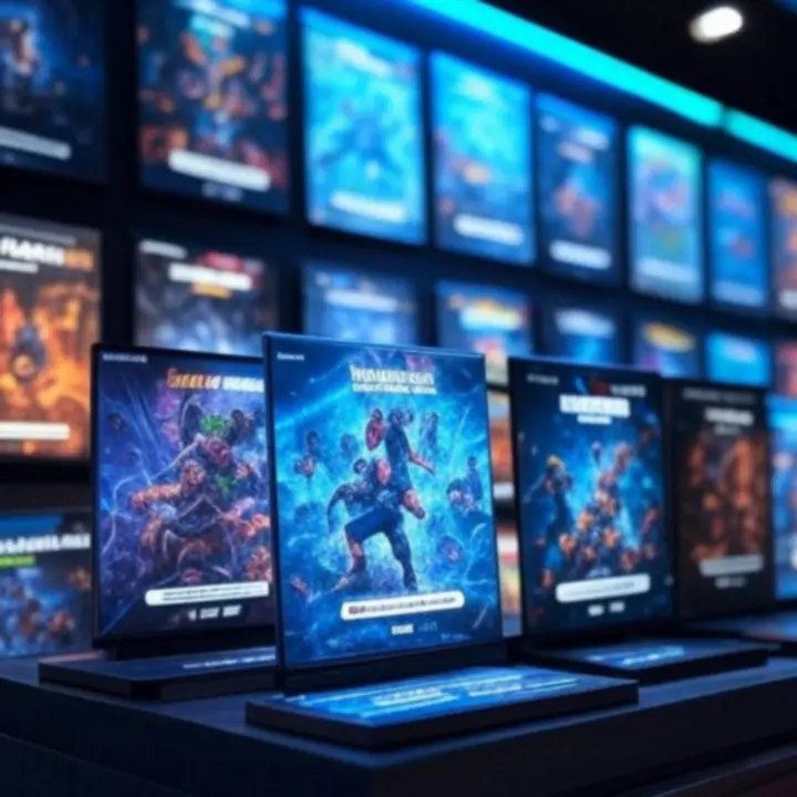 Dynamiczna witryna sklepu z grami EpiicRealmWorld z neonowymi akcentami i okładkami gier